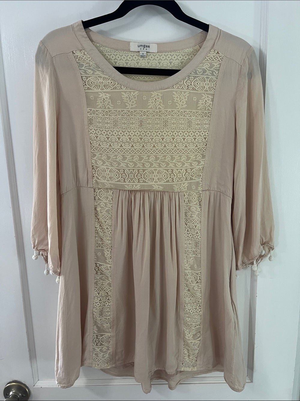 Umgee Beige Coquette Fairycore Lace Panel Babydoll Blouse Tunic